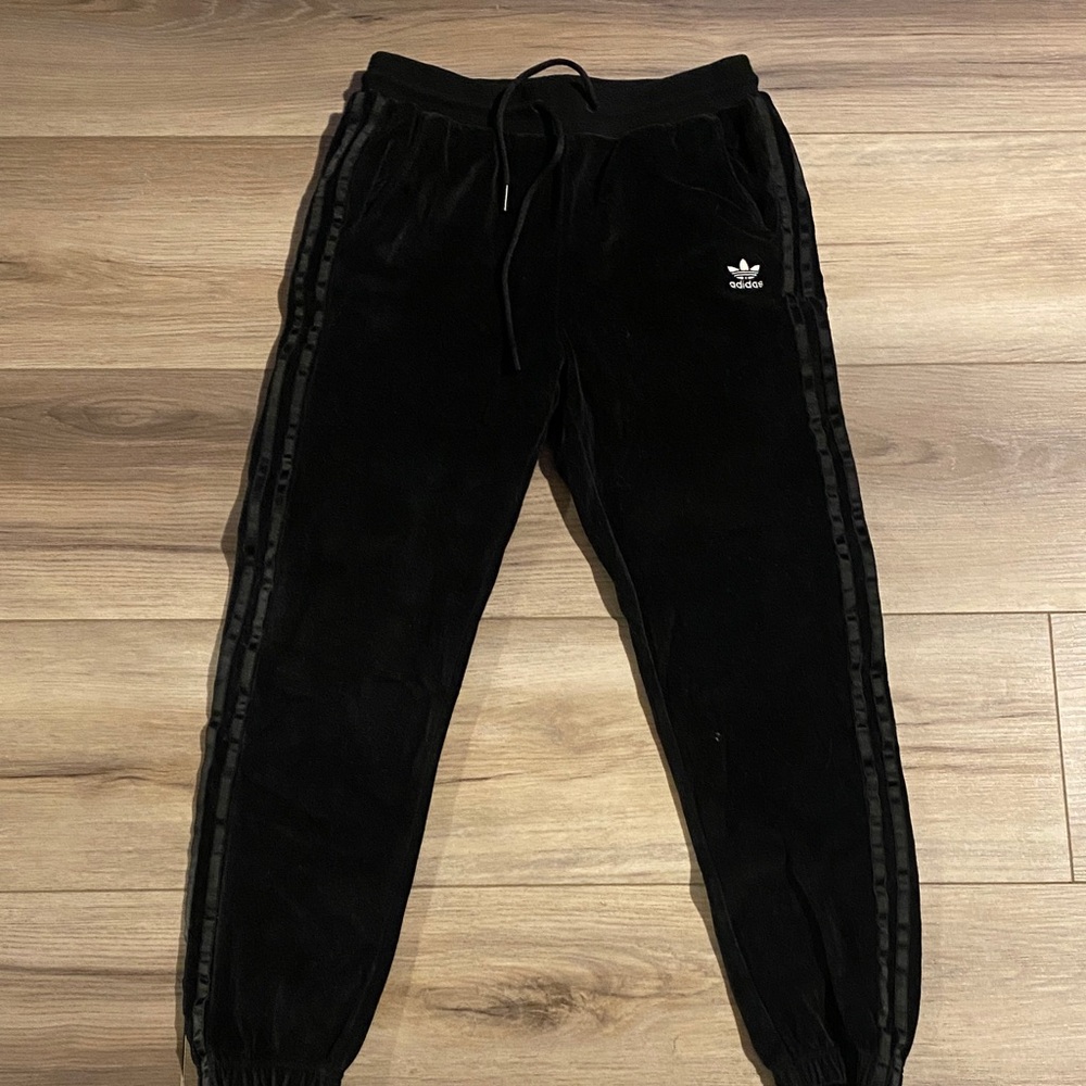 adidas Black Velour Kids Joggers with Trefoil and Stripes